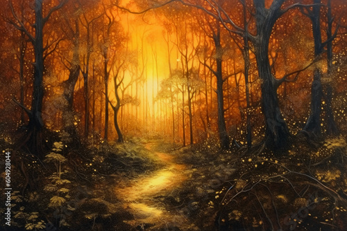 Painting by gold powder  a forest