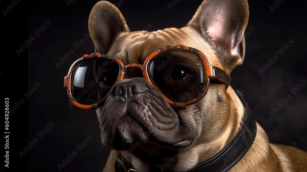 Portrait of a French bulldog with sunglasses on black background, Generated AI