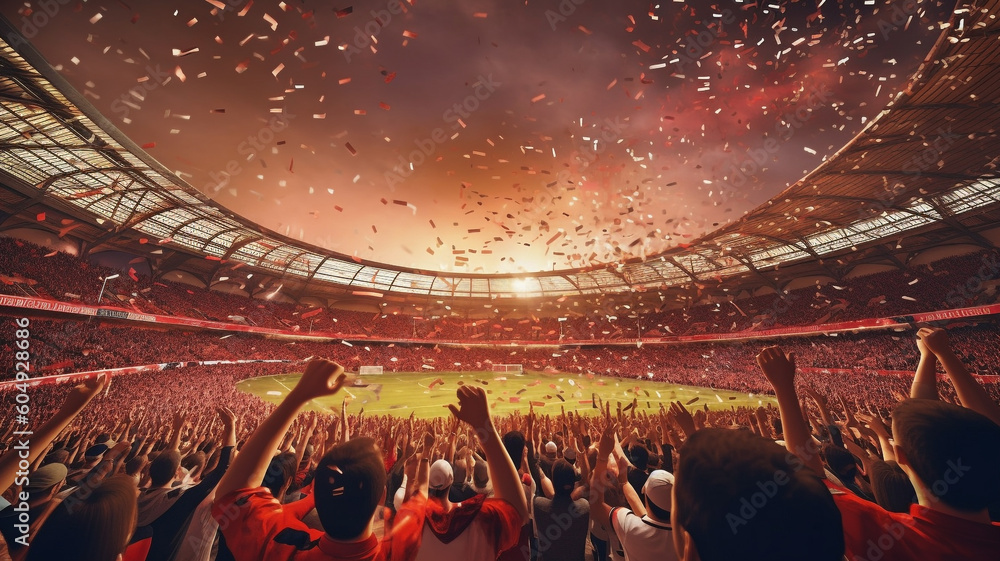 view inside soccer stadium with Fans on stadium game and audiences people celebration, Generative AI. - obrazy, fototapety, plakaty 