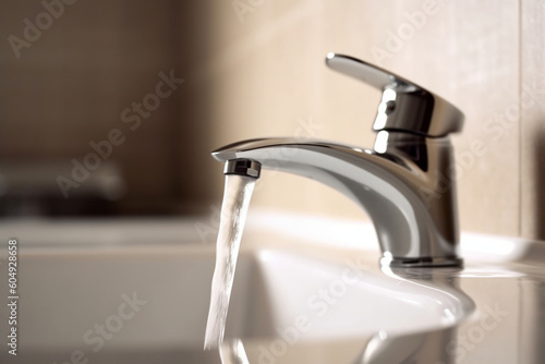 Close-up of faucet with turned drop water in modern bathroom  Horizontal crop with shallow depth of field