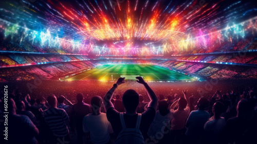 view inside soccer stadium with Fans on stadium game and audiences people celebration, Generative AI.
