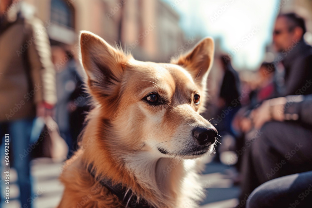 Portrait of dog in city street with blurry people in background. Generative AI illustration