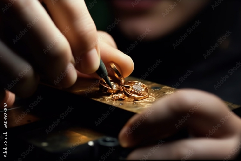 Close-up of a hand of a goldsmith who builds a precious jewel with valuable diamonds, To make the jewel it takes: precision craftsmanship and patience, Concept of: gold luxury, Close-up of a hand of a goldsmith who builds a precious jewel with valuable diamonds, To make the jewel it takes: precision craftsmanship and patience, Concept of: gold luxury,