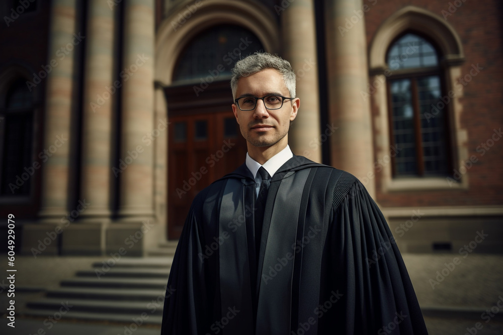 Naklejka premium Portrait of a male judge against the background of the court building. Generative AI