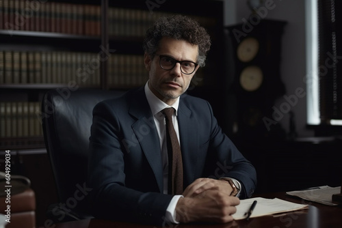 Portrait of a male lawyer in his office. Generative AI 