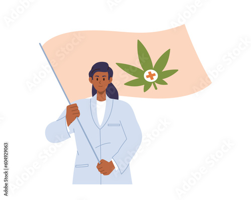 Woman scientist doctor in uniform promoting legalization of cannabis plant for medical use