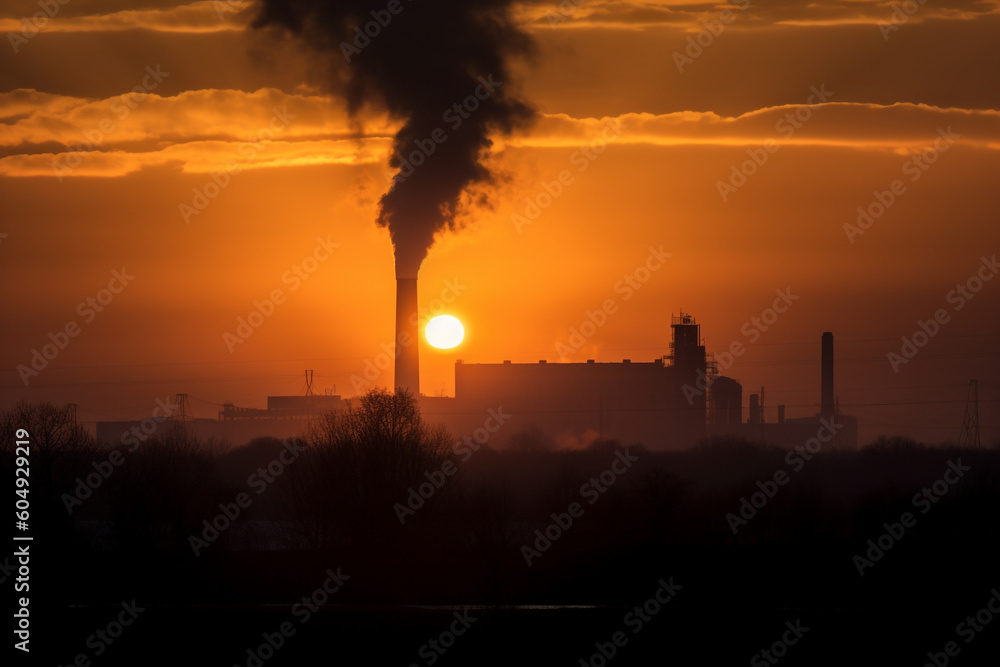 silhouettes of Chimneys from industrial plants make emissions and pollute the air at sunset