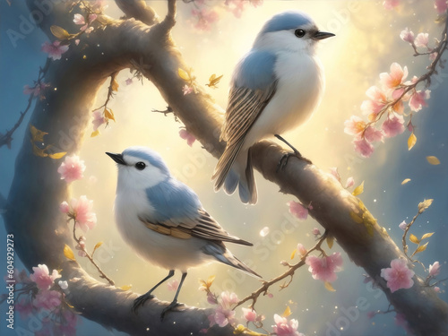 Cute fairy birds sitting on a branch among flowers. Generative Ai.