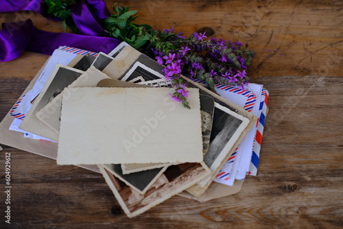 Canvas Print black old family photos, stack family vintage photographs with empty blank, nost