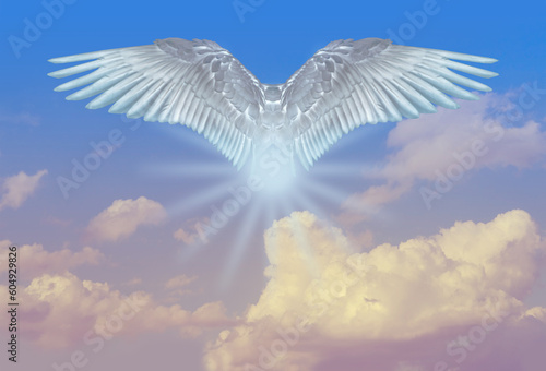 white angel flies in sky gradient, fluffy clouds, postmortal transition, concept of lightness, elevation, heavenly space, abode of God, natural basis for designer, dream, ascension and meditation photo