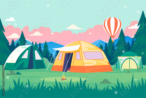 People camping outside in summer with lawn and forest in the background, vector illustration
