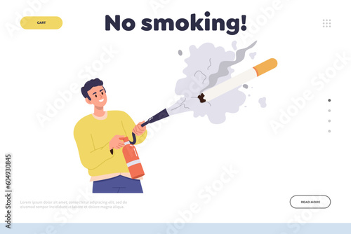 No smoking concept for landing page with young man putting out cigarette with fire extinguisher