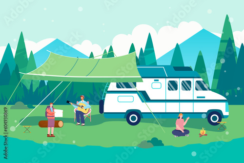 People camping outside in summer with lawn and forest in the background, vector illustration