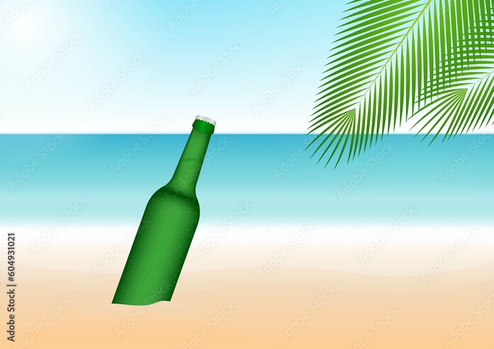 Cold Beer Bottle and Summer Beach Background. Cold Beer Bottle and Summer Beach Background.