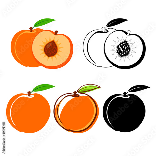 Half and whole of peach. Peach icon. Logo. Peaches isolated on white background. Vector Illustration.