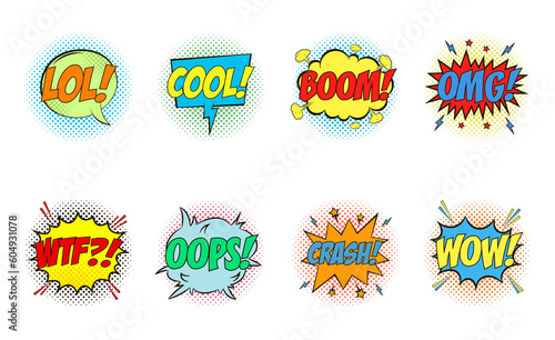 Comic speech bubbles set with emotions - LOL! COOL! BOOM! OMG! WTF?! OOPS! CRASH! WOW! Cartoon sketch of dialog effects in pop art style on dots halftone background.
