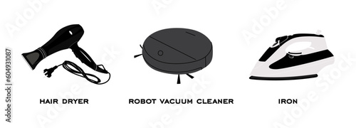 Set of household appliances. home electronics, equipments collection. Hair dryer, Robot vacuum cleaner and Iron isolated on white background. Flat vector illustration