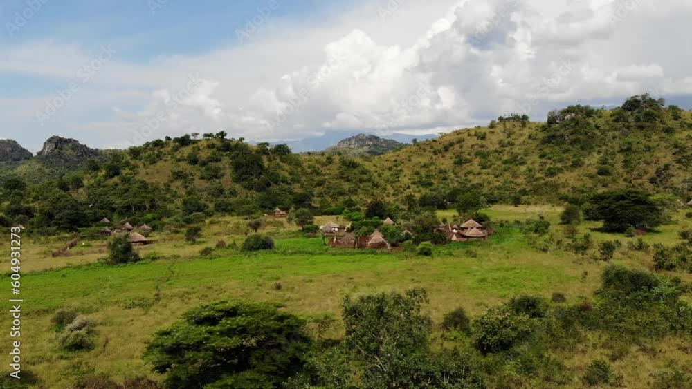 Aerial view of a typical african village called manyatta in the middle of the hills Aerial view of a typical african village called manyatta in the middle of the hills