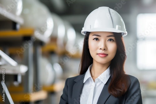 business woman job industry portrait industrial safety asian smile engineer helmet. Generative AI.