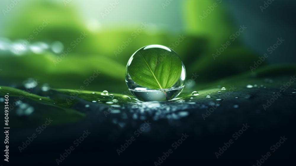 Green leaf with water droplets on the top Green leaf with water droplets on the top