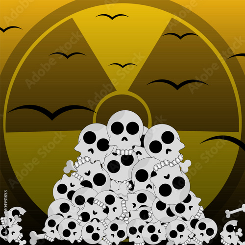 Mountain of Skulls with a Cross on the background of a symbol of Nuclear Danger. Radiation Threat. Nuclear Hazard concept. Vector illustration.