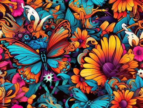 Colorful butterflies and flowers psychedelic neon seamless repeat pattern  Generative AI 