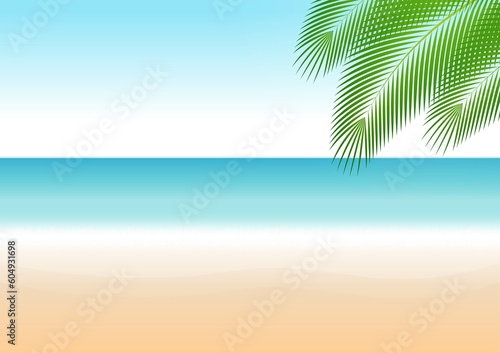 Summer or Tropical Beach Background with Palm Tree. Vector Illustration. 