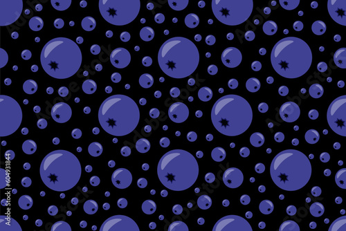 Geometric Seamless pattern with Blueberry on black background. Bilberry endless background. Vector illustration whortleberry. 3d Wallpaper and textile print.