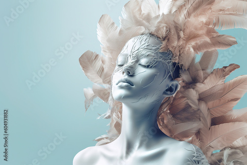 A woman in a feathered headdress with her eyes closed. Generative AI. REM, rapid eye movement sleep cucle phase.
