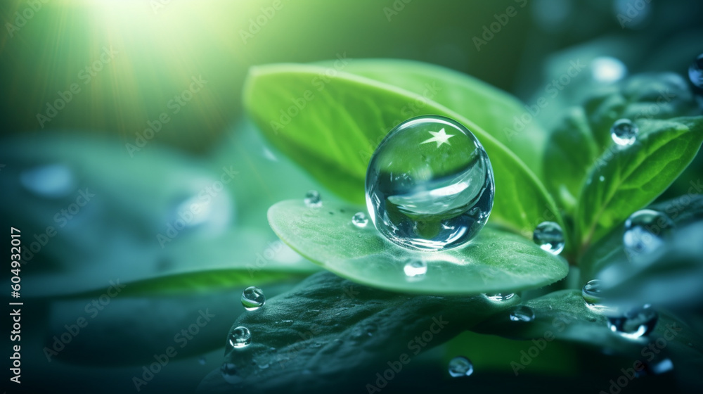 Green leaf with water droplets on the top Green leaf with water droplets on the top