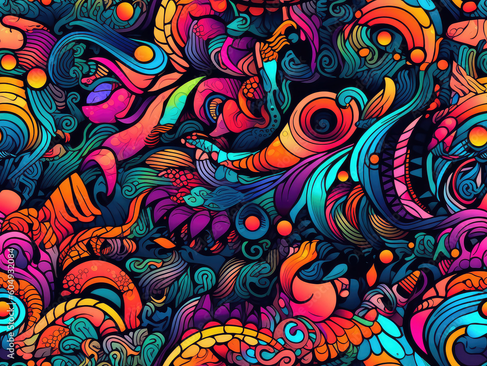 Colorful flowers psychedelic neon seamless repeat pattern [Generative AI]
