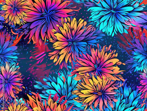 Colorful flowers psychedelic neon seamless repeat pattern  Generative AI  