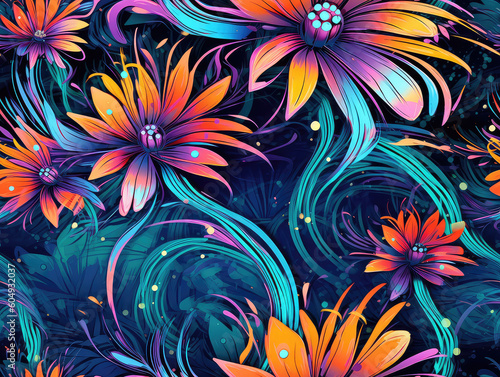 Colorful flowers psychedelic neon seamless repeat pattern [Generative AI] 