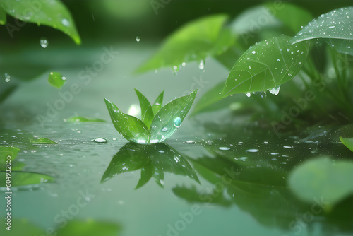 Large drop water reflects environment. Nature spring photography. A drop of water on the leaves, macro shooting. Generative AI