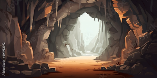 Cartoon stone cave entrance. Dark rock tunnel. Underground abandoned rocky cave. Entrance to tunnel in mountain with scenery landscape view of rocks and blue sky. Artificial intelligence generated