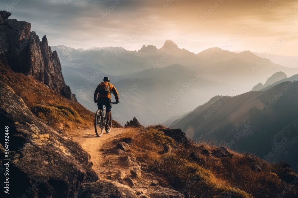 A man riding a bike at sunrise in the beautiful mountains on the background created with Generative AI