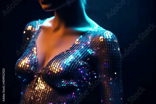 shiny dress with sequins in retro style on sexy female body at party with neon light. Generative AI