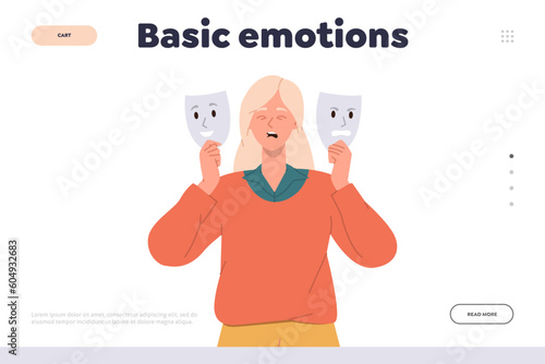 Basic emotion landing page design template with sad cartoon woman character hiding feelings
