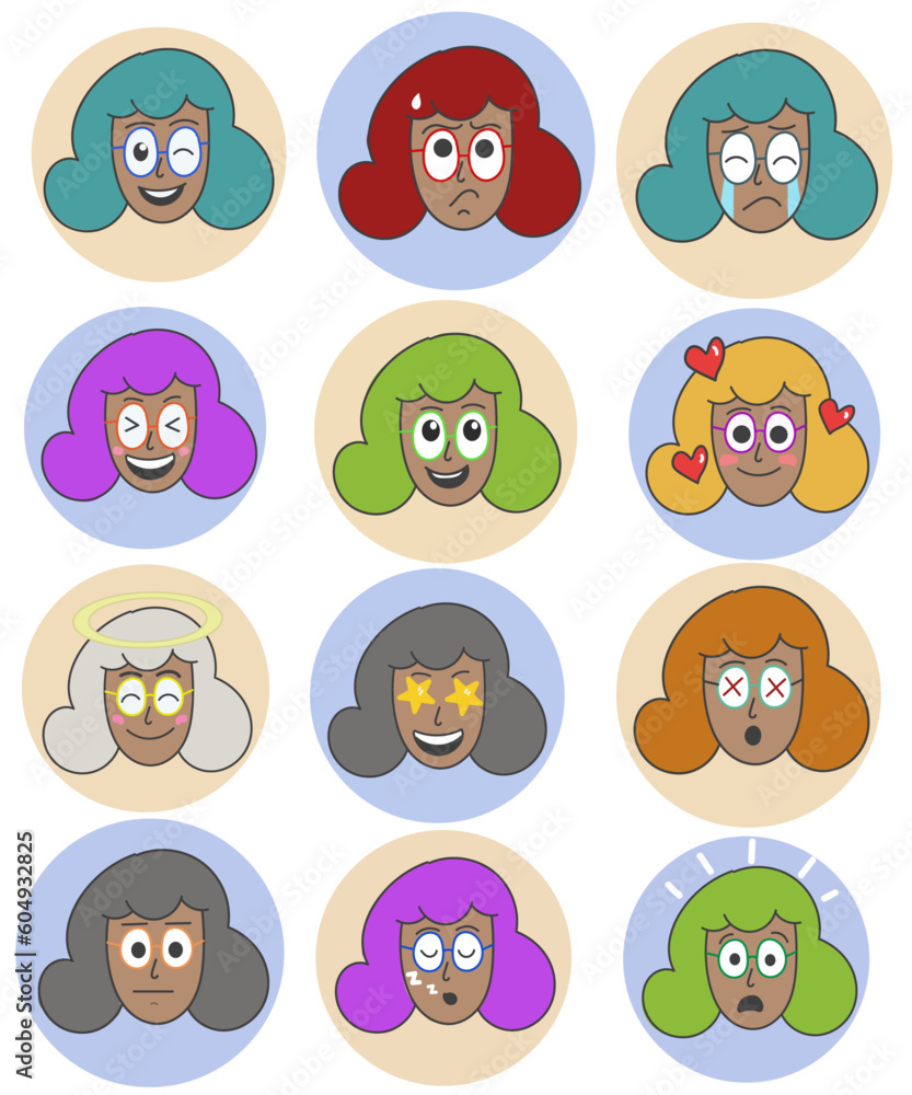 Fototapeta premium set of emotion emoji cartoon female faces vector, comic Faces with various Emotions. Cartoon drawing style. avtar with emotion