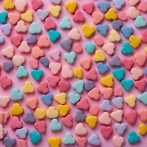 Colorful Heart-Shaped Sugar Candies on Pastel Pink Background. Generative AI