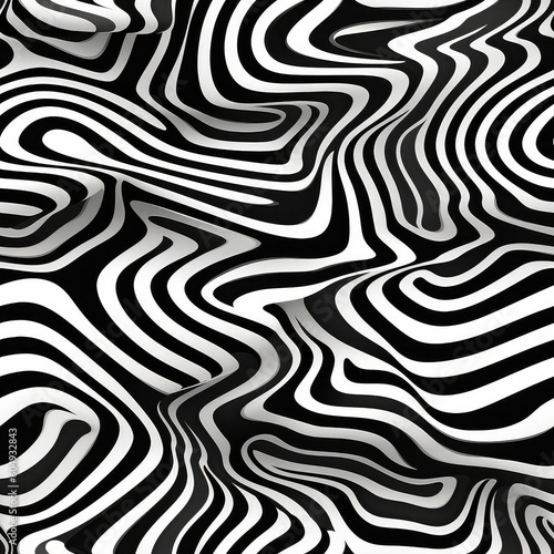 Optical illusion wave warped hypnotic black and white stripes seamless repeat pattern [Generative AI] 