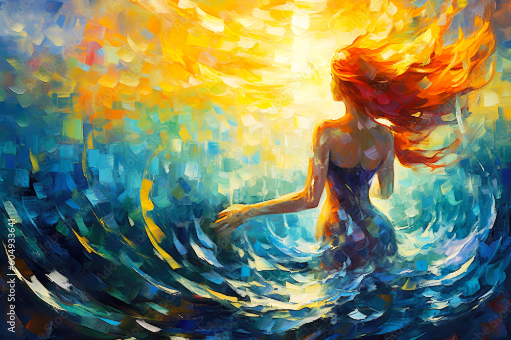 Fantasy Woman Mermaid Backwards Painting. AI generative. Canvas Texture ...