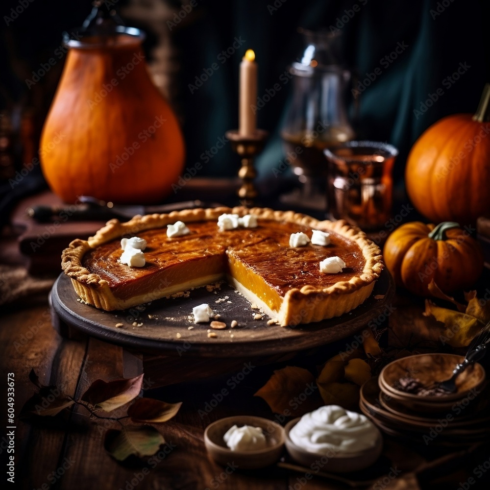 Delicious Traditional Pumpkin Pie Thanksgiving Dessert. Generative AI