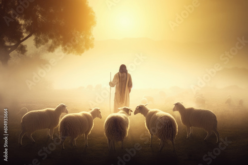 Bible Jesus Christ Shepherd with His Flock of Sheep during Sunrise. AI generative © fotoyou