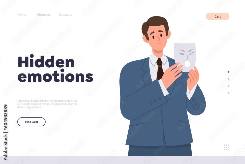 Hidden emotion landing page design template with businessman disguising real feelings from people Hidden emotion landing page design template with businessman disguising real feelings from people