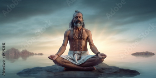 India Rishikesh  outside near Gange river  a man siddha yoga teacher with long hair  sitting in meditation asana. AI Generative