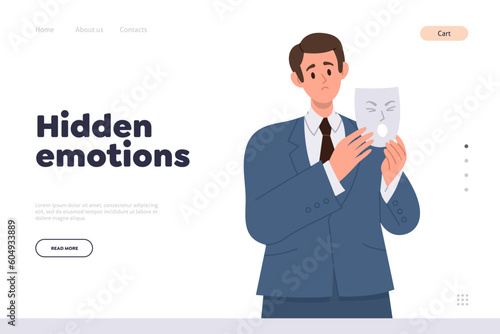 Hidden emotion landing page design template with businessman disguising real feelings from people