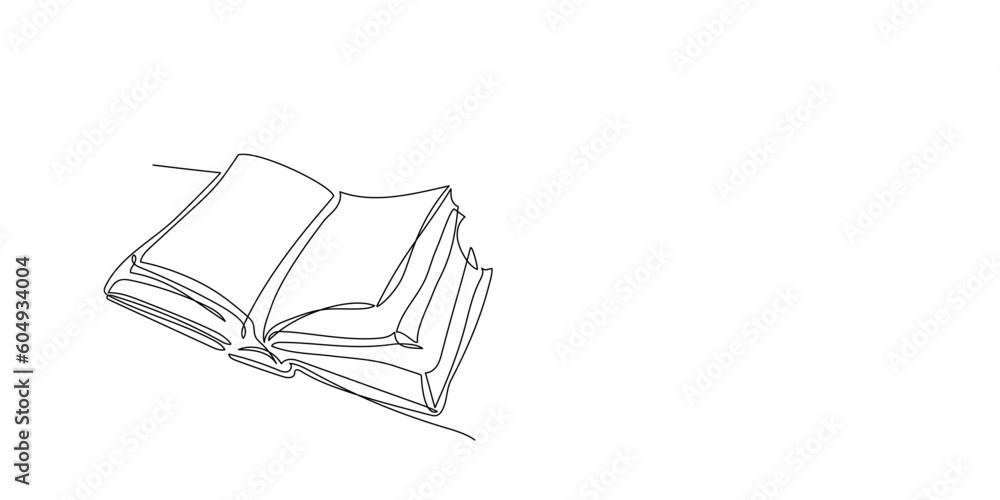 Continuous one line drawing of open book. Single line of notebook with flying pages for background. Concept of study, knowledge, education, business, back to school. Hand drawn sketch design. Vector Continuous one line drawing of open book. Single line of notebook with flying pages for background. Concept of study, knowledge, education, business, back to school. Hand drawn sketch design. Vector