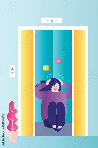 Claustrophobia, concept, vertical banner. Frightened woman in elevator, fear of confined space. Panic attack, girl fear, mental phobia, person afraid getting jammed lift.