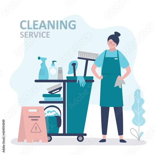 Cleaning service. Housekeeper, woman dressed in uniform with cleaning equipment. Female character doing housework. Professional occupation. Janitor washing floor and furniture.